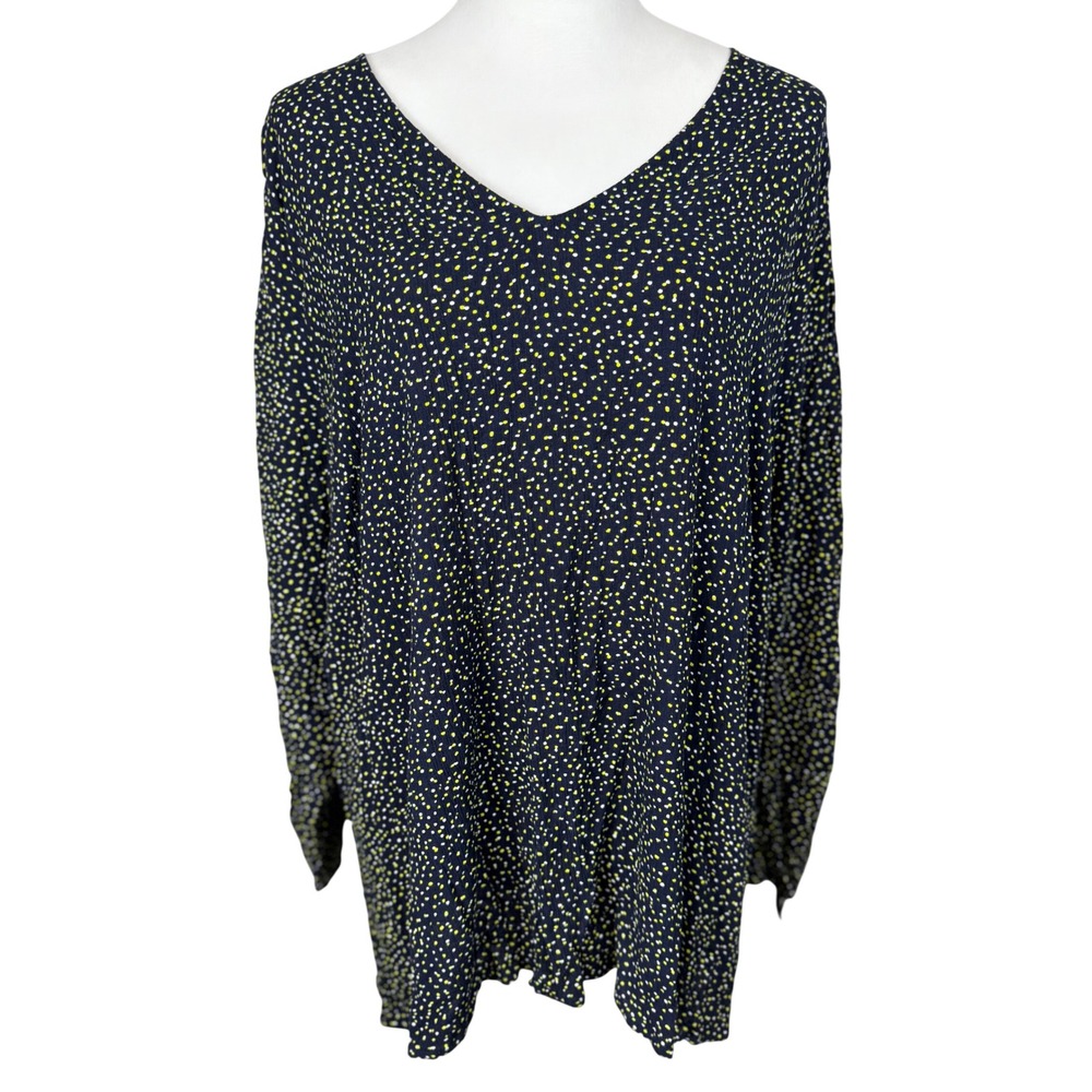Lane Bryant Womens Top 18 Blue Yellow Micro Dot V-Neck Tie Cuff Rayon Blouse